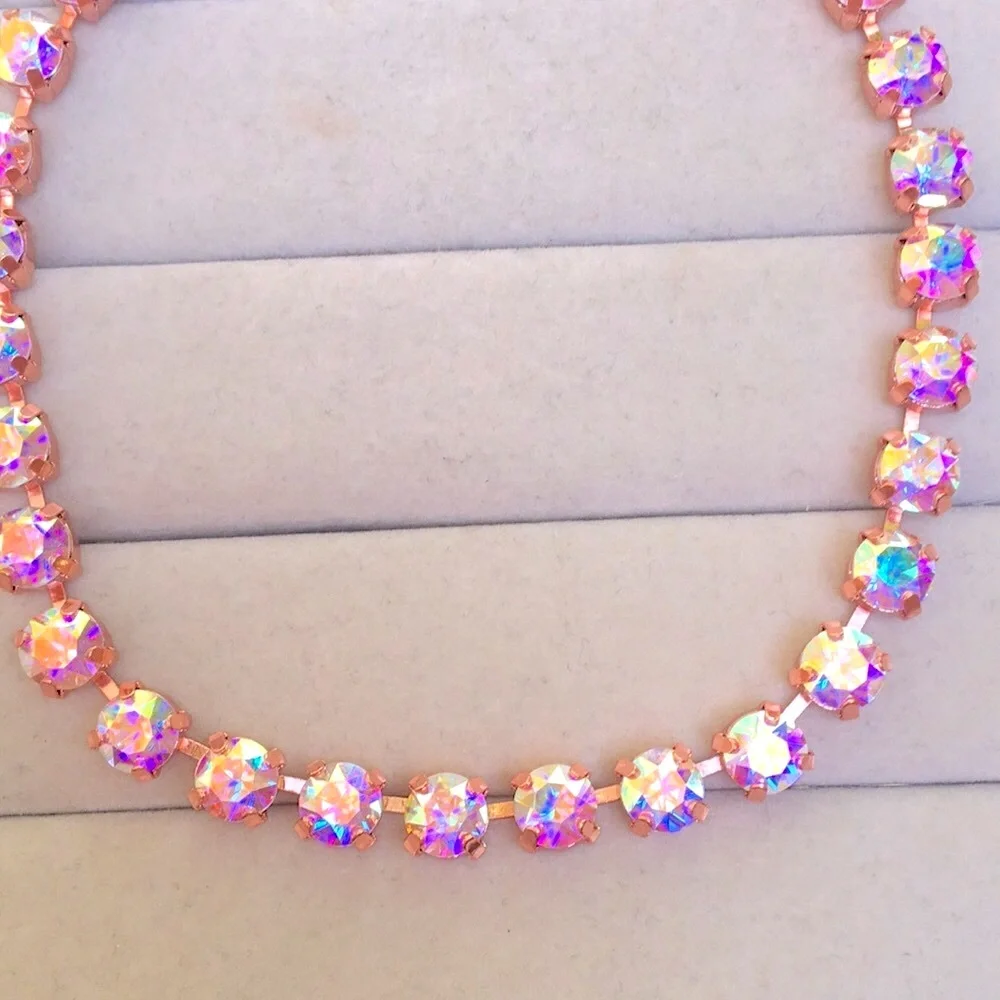 Aurora Borealis + Rose Gold Crystal Tennis Statement Necklace